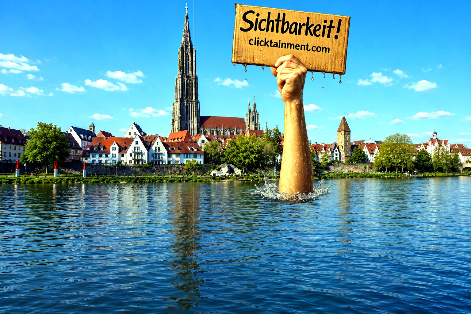 Online-Marketing-Agentur clicktainment aus Ulm: Arm ragt aus der Donau vor dem Ulmer Münster und hält ein Pappschild mit der Aufschrift „Sichtbarkeit! clicktainment.com“ in die Höhe.