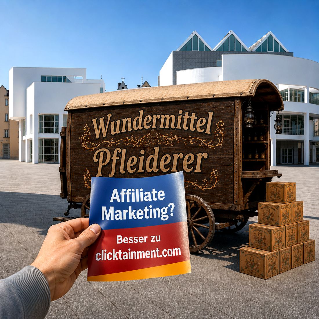 Affiliate-Marketing Ulm: Illustration von clicktainment – Marktstand-Szene mit Affiliate-Marketing-Schild