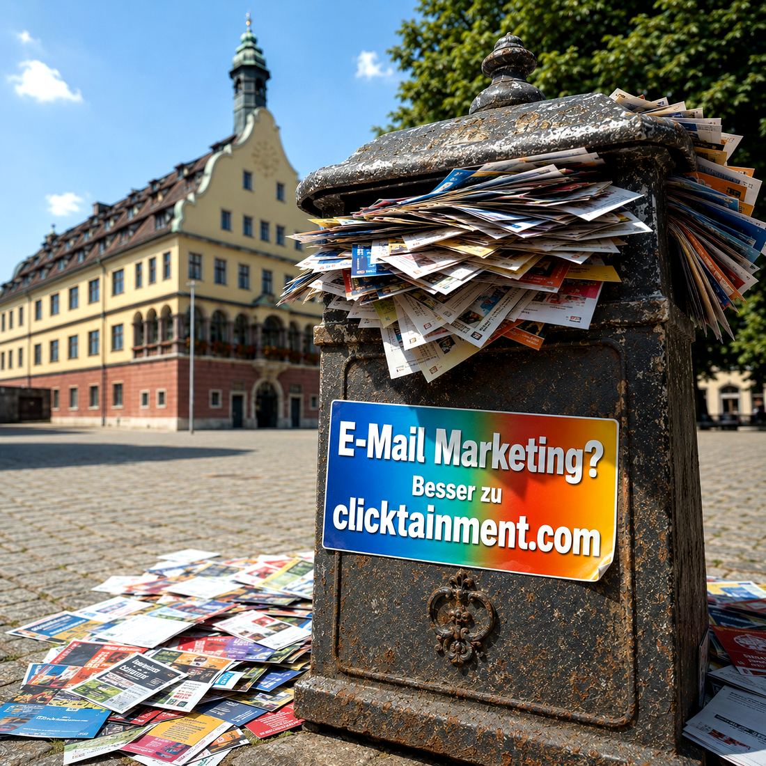 E-Mail-Marketing Ulm: Illustration von clicktainment – historischer Briefkasten mit Newsletter-Schild