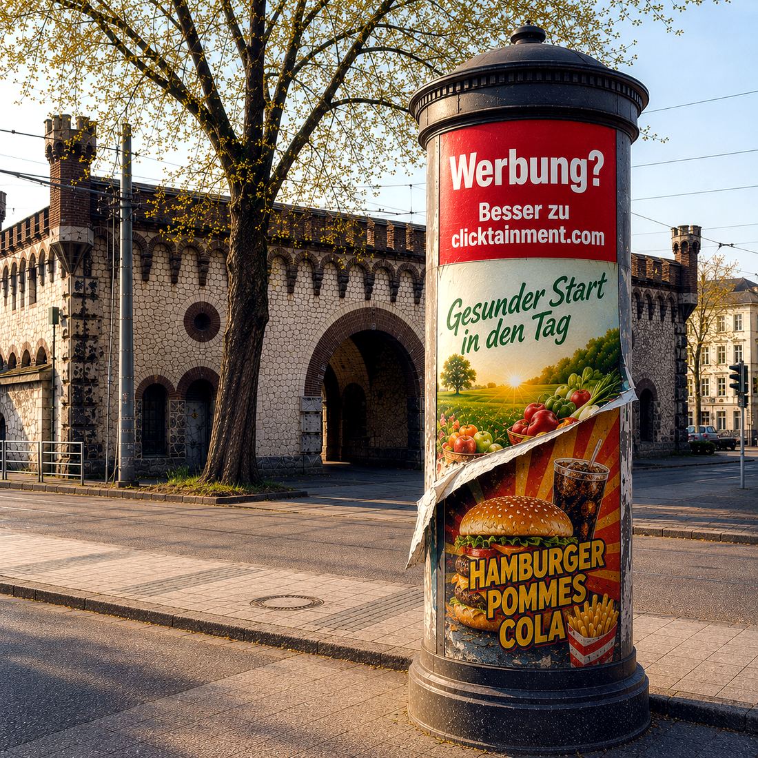 Online-Werbung Ulm: Illustration zu bezahlten Anzeigen von clicktainment – Litfaßsäule mit Paid-Advertising-Schild