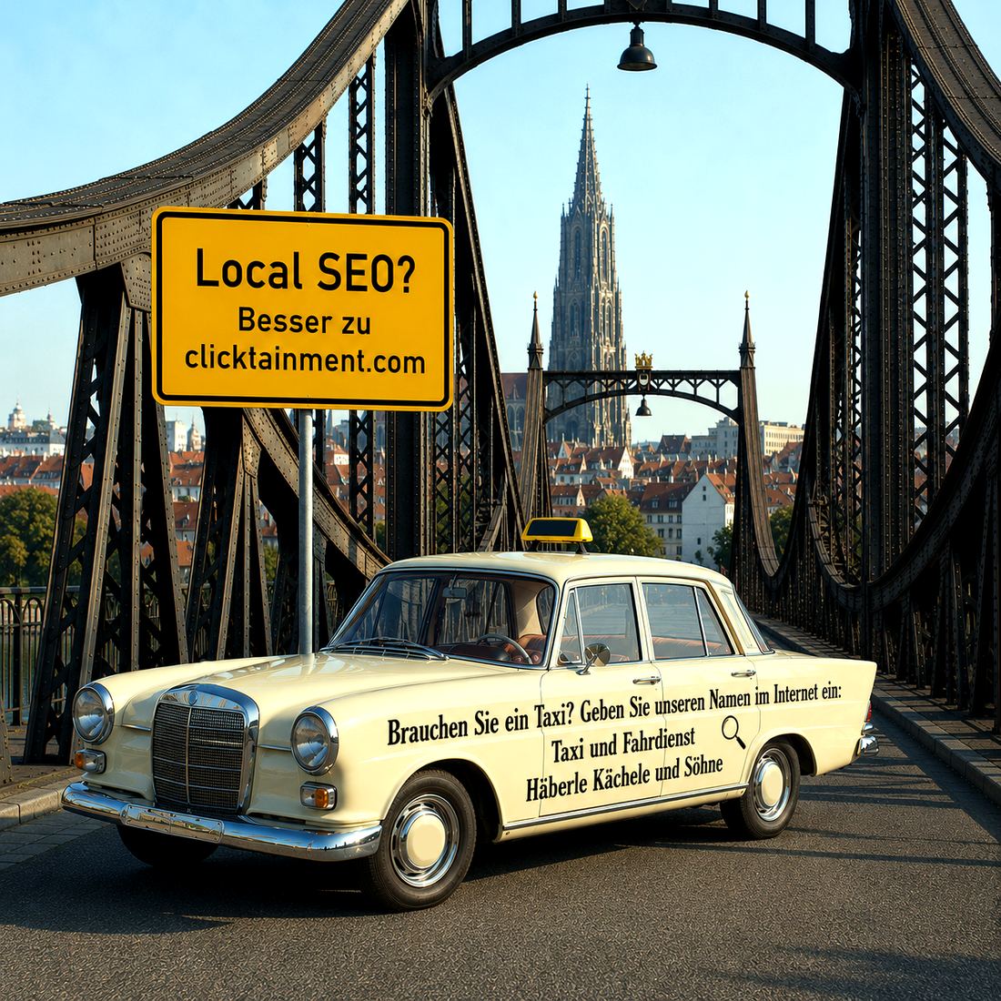SEO Ulm: Illustration zur Suchmaschinenoptimierung von clicktainment – Local SEO Hinweisschild vor dem Ulmer Münster