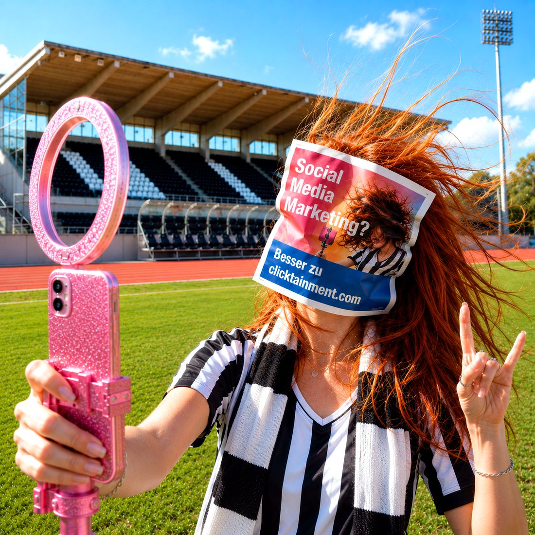 Social Media Marketing Ulm: Illustration von clicktainment – Selfie-Szene im Stadion mit Social-Media-Schild