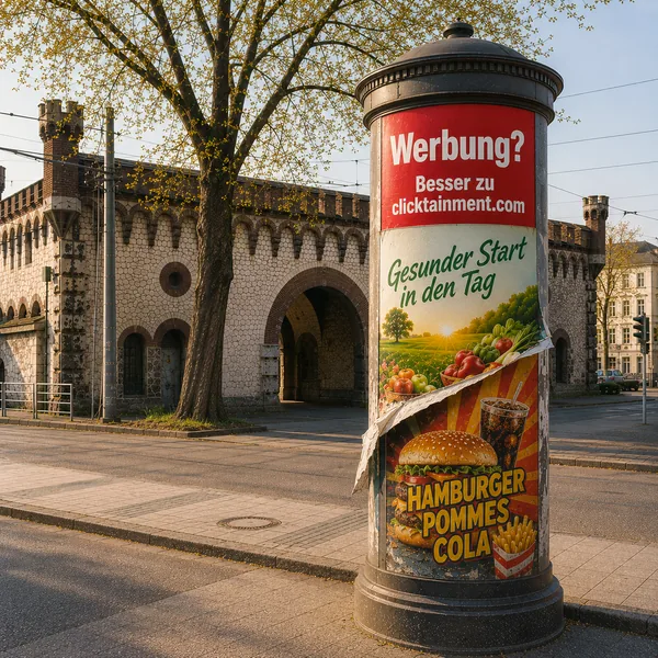 Werbung Fail — Litfaßsäule mit falschem Plakat am Neutorturm Ulm